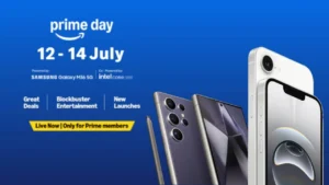 अमेज़न प्राइम डे सेल 2025 का बैनर जिसमें 12 से 14 जुलाई की तारीखें और iPhone व Samsung Galaxy जैसे स्मार्टफोन्स पर डील्स दिखाई गई हैं