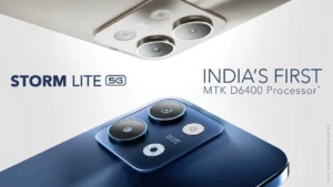 Lava Storm Lite 5G स्मार्टफोन जिसमें डुअल कैमरा और भारत का पहला MTK D6400 प्रोसेसर दिखाया गया है।