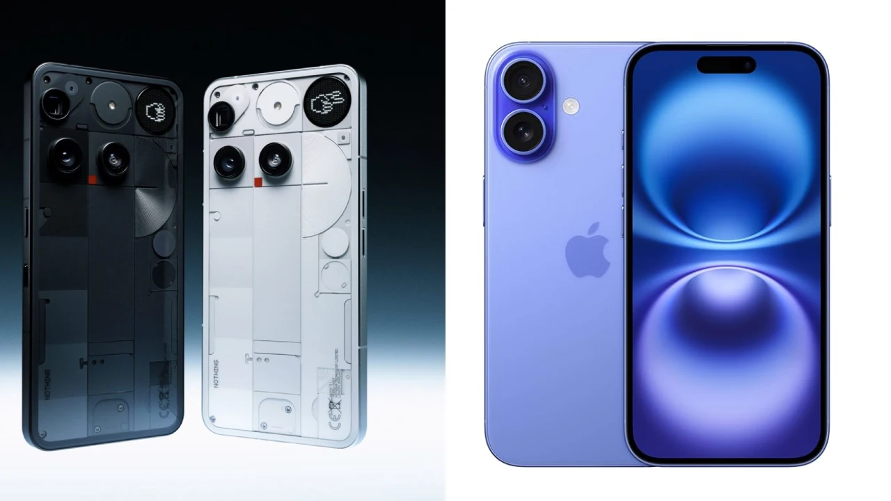 Nothing Phone 3 (काला और सफेद) बनाम Apple iPhone 16 (नीला) – डिज़ाइन तुलना