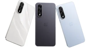 OnePlus Nord 5 5G तीनों कलर वेरिएंट – मार्बल सैंड्स, फैंटम ग्रे, और ड्राई आइस